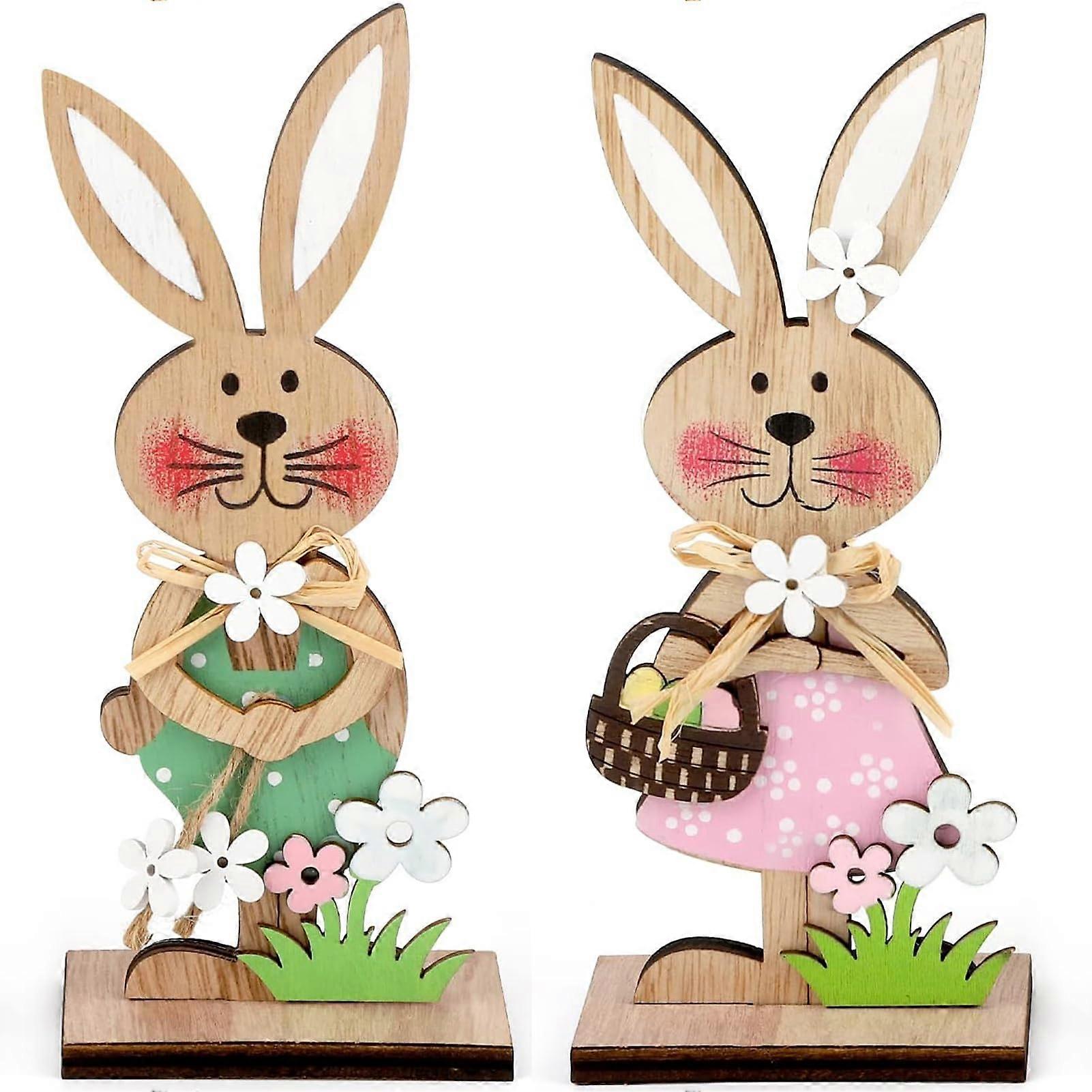 Easter Wooden Bunny Standing Tabletop Ornament Rabbit Sign (Set of 2)