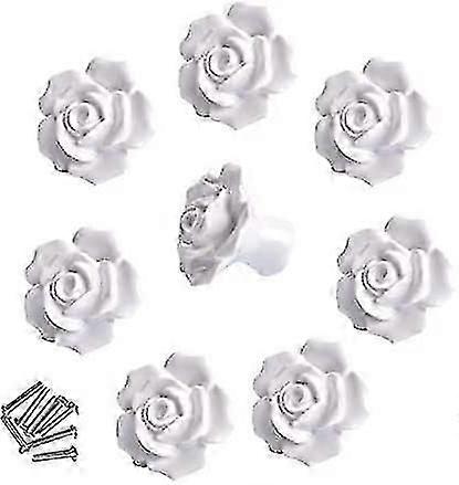 8pcs Elegant White Rose Pulls Flower Ceramic Cabinet Knobs Cupboard Drawer Pull Handles