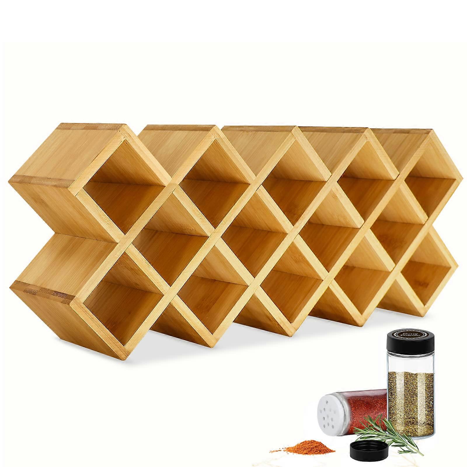 Bamboo Criss Cross Spice Rack Organizer for Kitchen Counter or Drawer, Natural Wood, Multi-Tiered Design, Space-Saving Storage