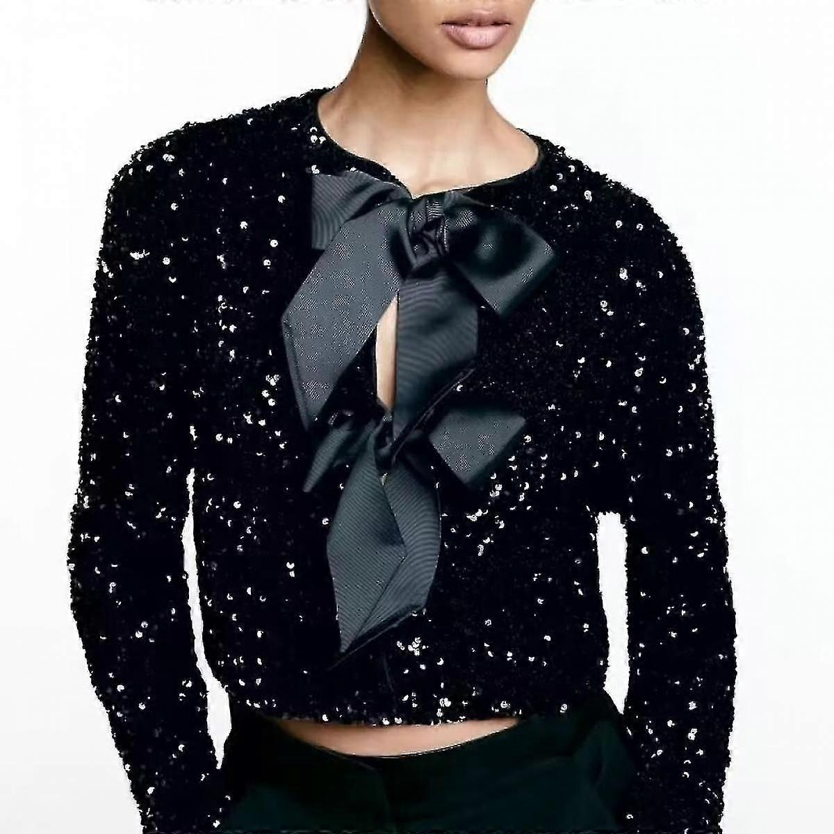 Black Bow Tie-front Sequin Jacket Cardigan Top Short Jacket