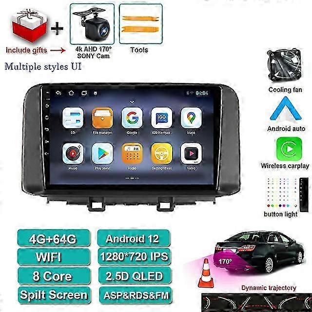 Android 12 For Hyundai Kona Encino 2017-2019 Car Radio Multimedia Navigation Cooling fan QLED IPS Screen Android auto DSP Video