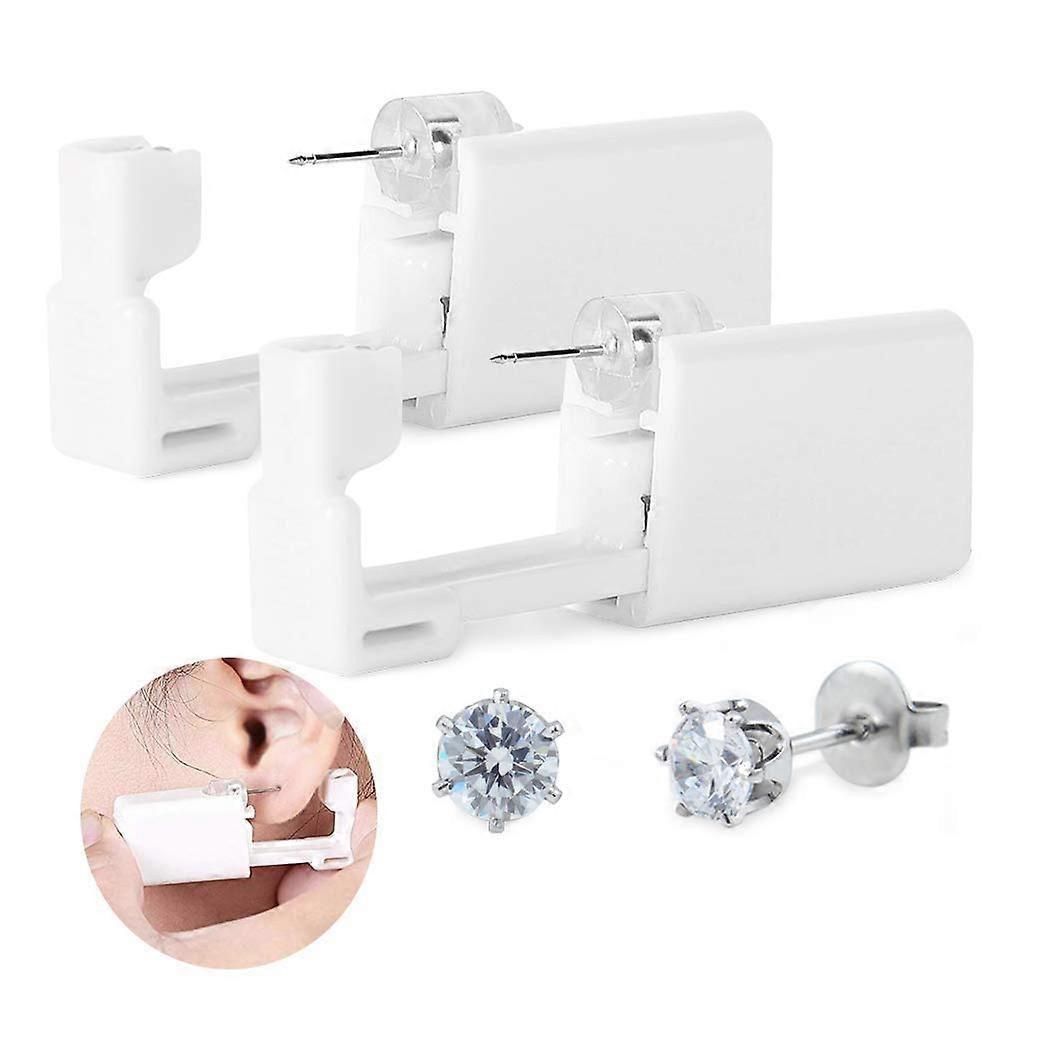 Professional-Grade Home Use Self-Piercing Kit, Crystal Ear Studs Included, 2 Pieces White, Disposable Piercing Gun With Built-In Studs For Easy And