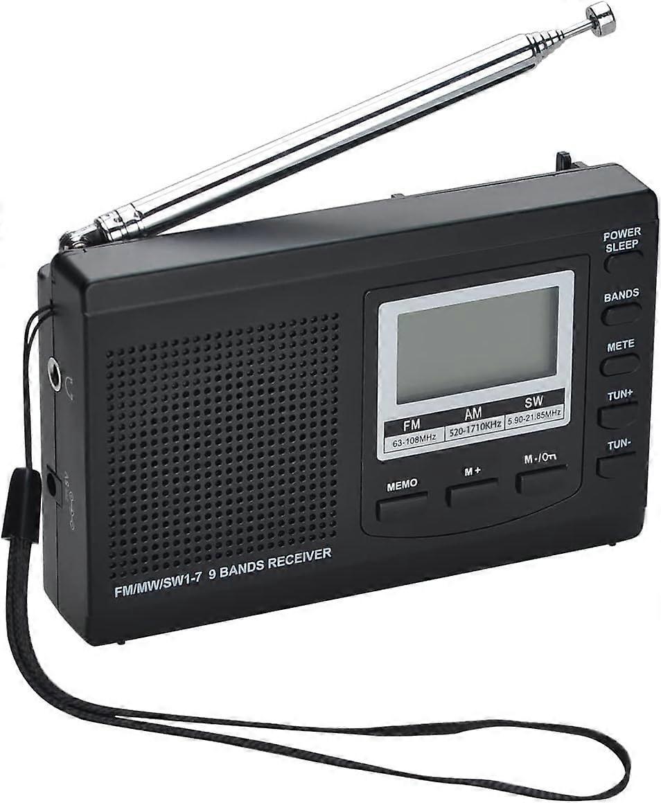 AM/FM/SW1-7 Portable 9 Band Radio Receiver with Speaker and Headphones, Excellent Reception 12/24H Time Display Digital Radio, Backlight, Alarm, Batte