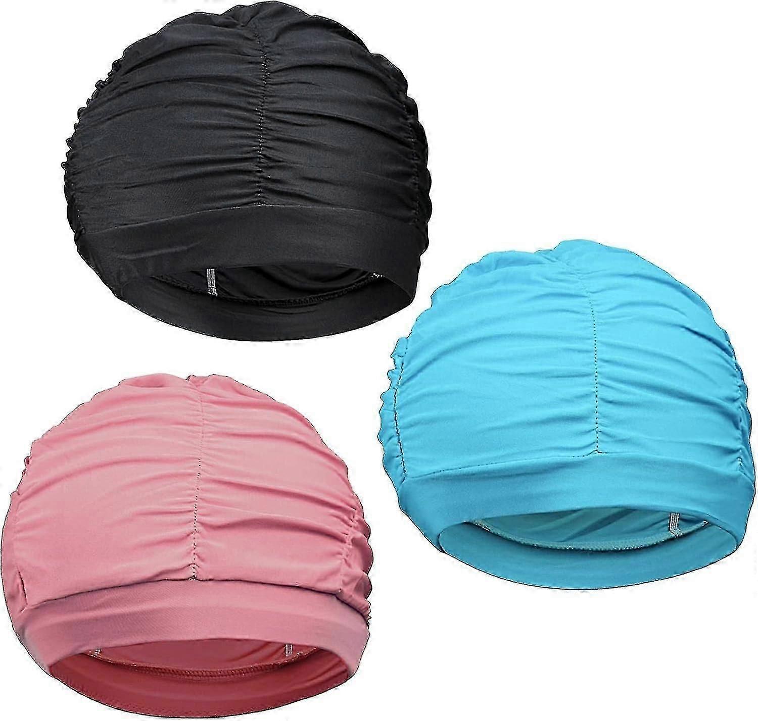 3-pack veckade badmössor för långt hår, ej vattentäta