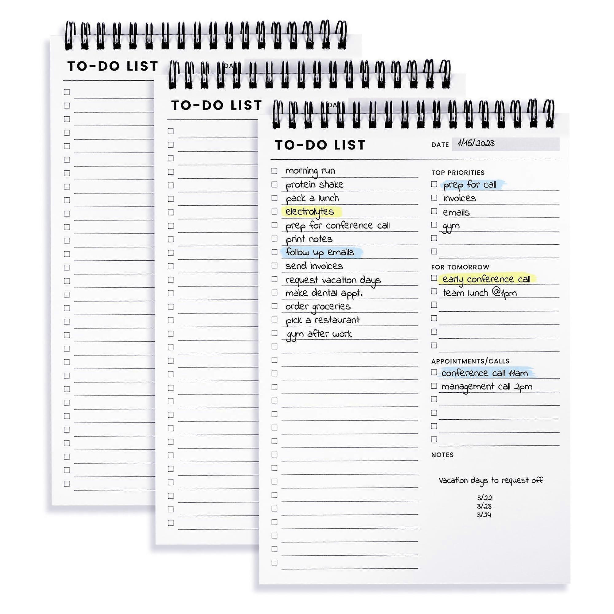 To Do List Notepad 3 Pack - 6.5 x 9.8 Inch Spiral Daily Planner with 60 Sheets - Task Checklist Organizer for Work and Home
