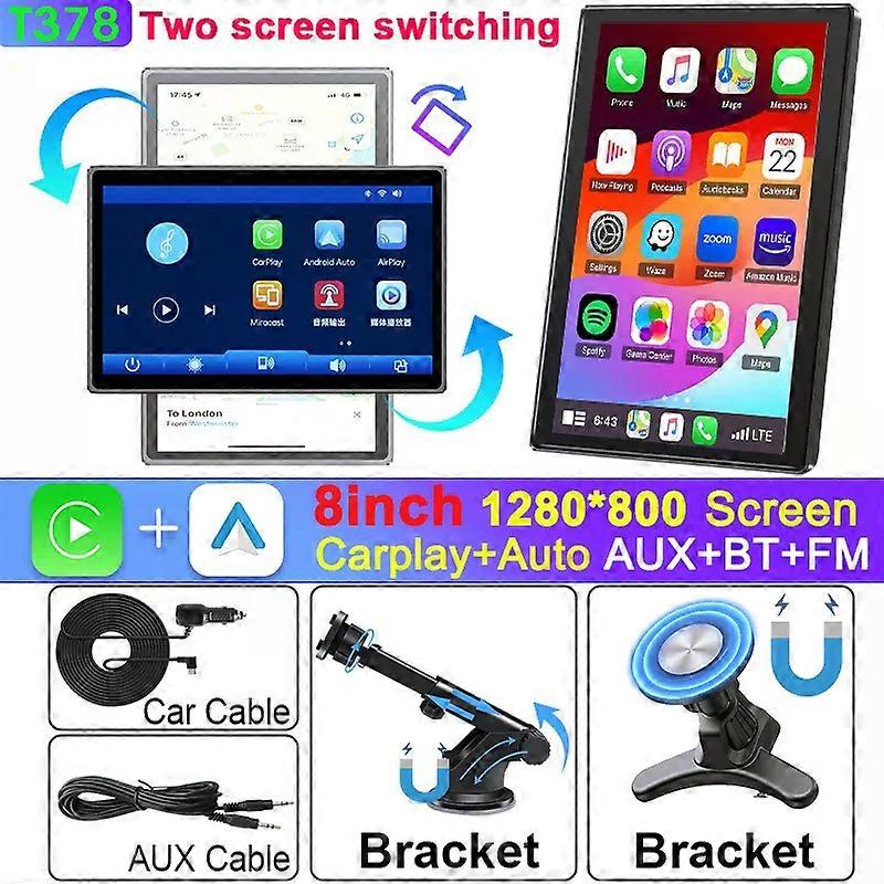 Universal 8 inch Portable Rotatable Car Screen Wireless Carplay Android Auto & WIFI Mirror Link Parking Rear Camera AUX Stereo