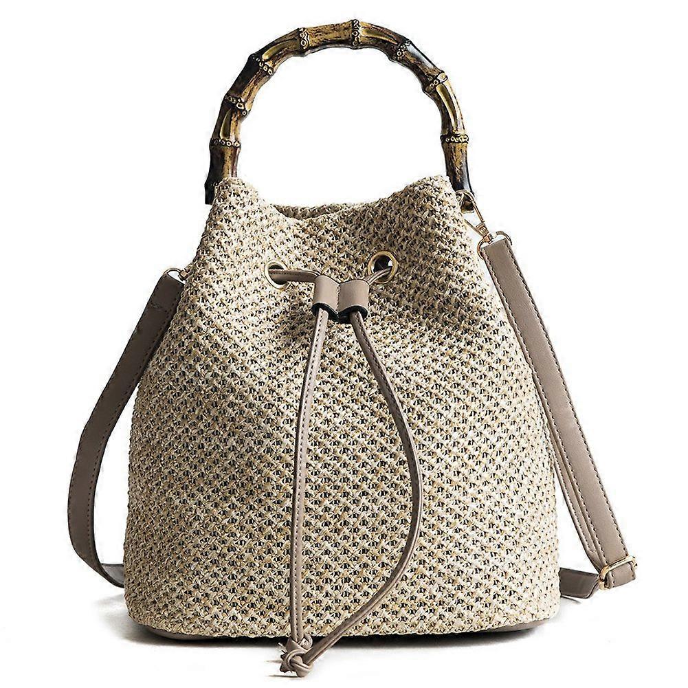 Straw Bucket Bags for Women with Bamboo Handle, Drawstring Woven Shoulder Handbag, Summer Beach Purses Ref 5417