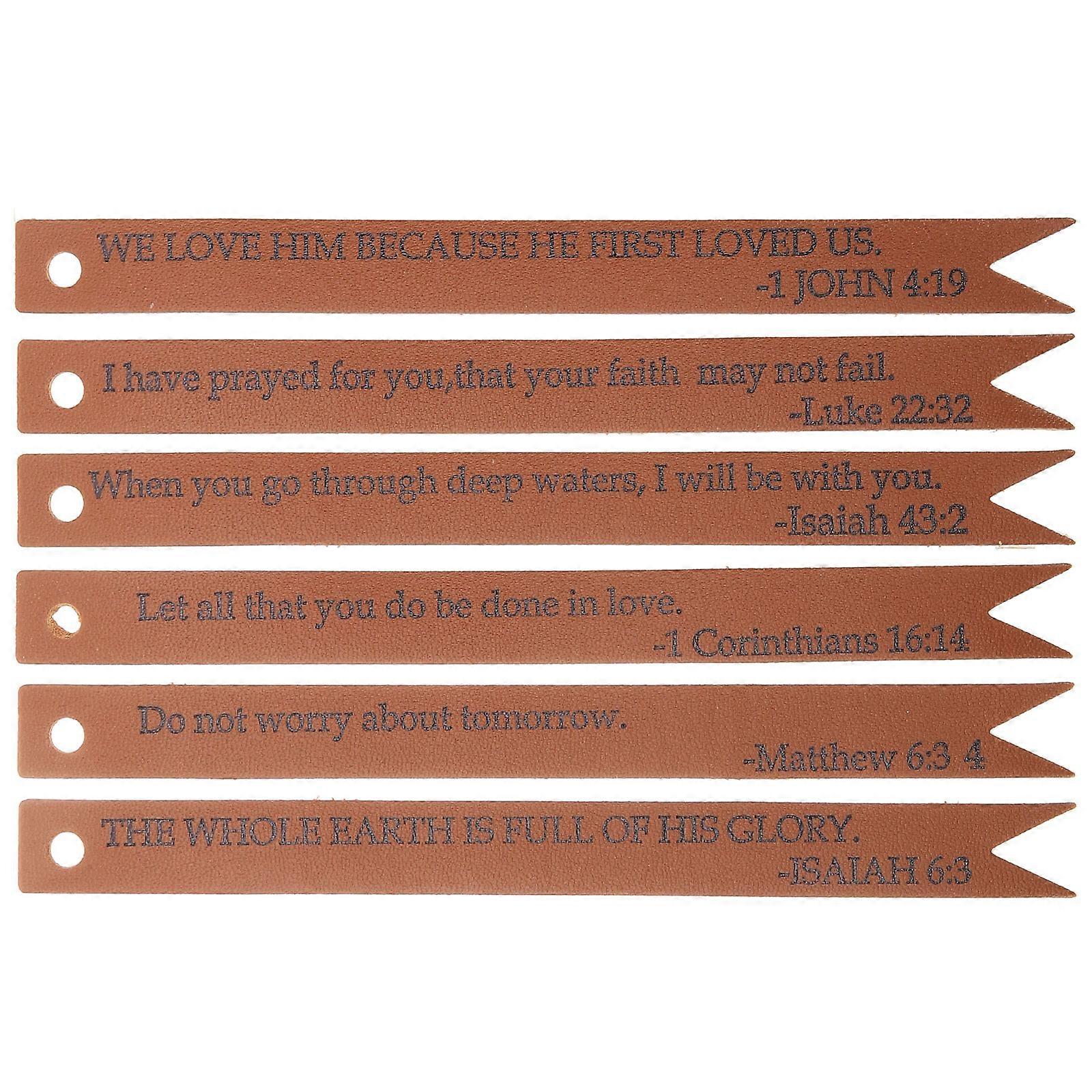 6pcs PU Bible Bookmarks with Inspirational Sayings, Reusable Page Markers for Students, Readers, and Writers, Brown Tab Bookmarks