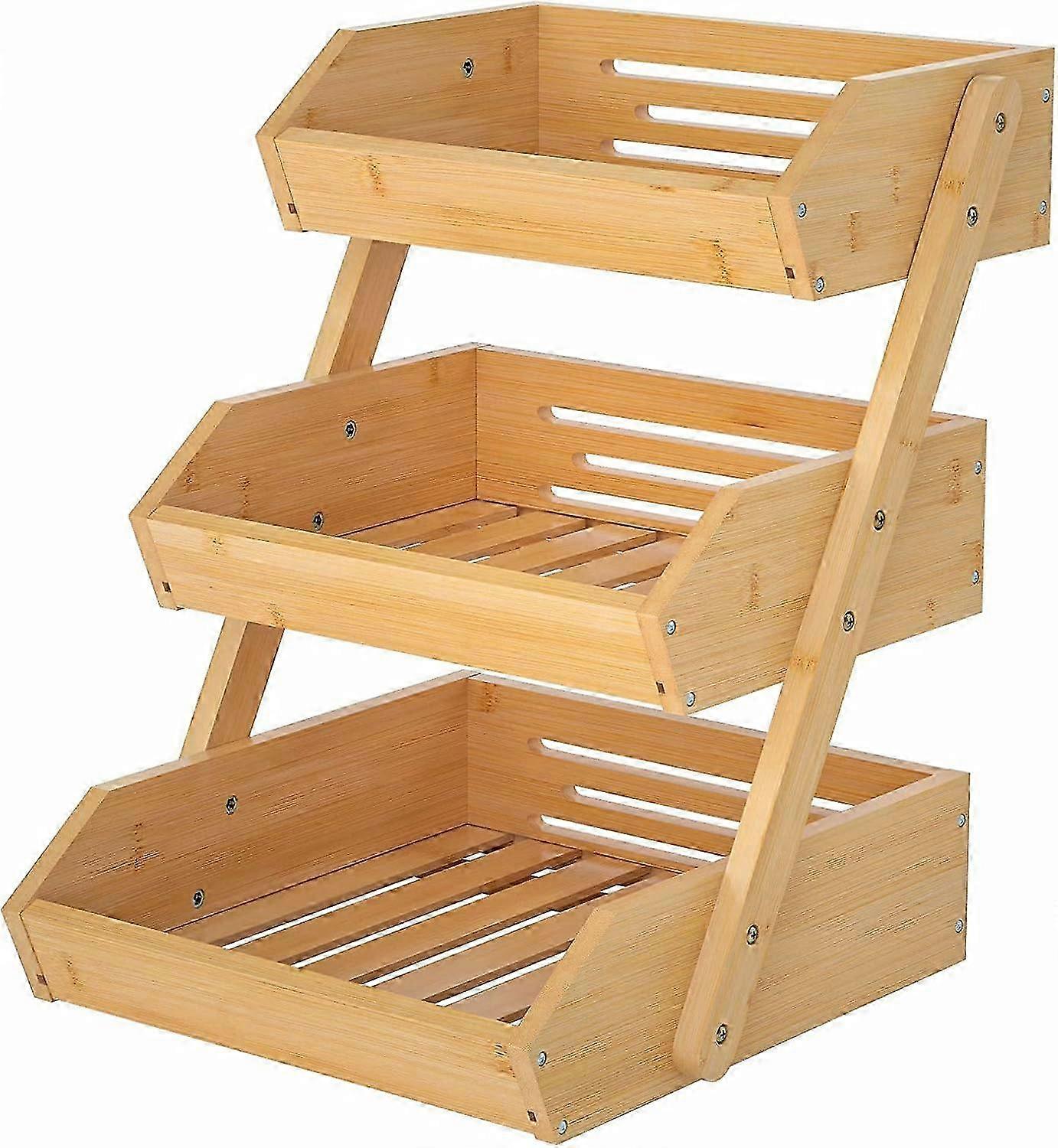 3段竹製フルーツバスケット - カウンタートップスナック、パン、野菜オーガナイザー(キッチン/家庭用)