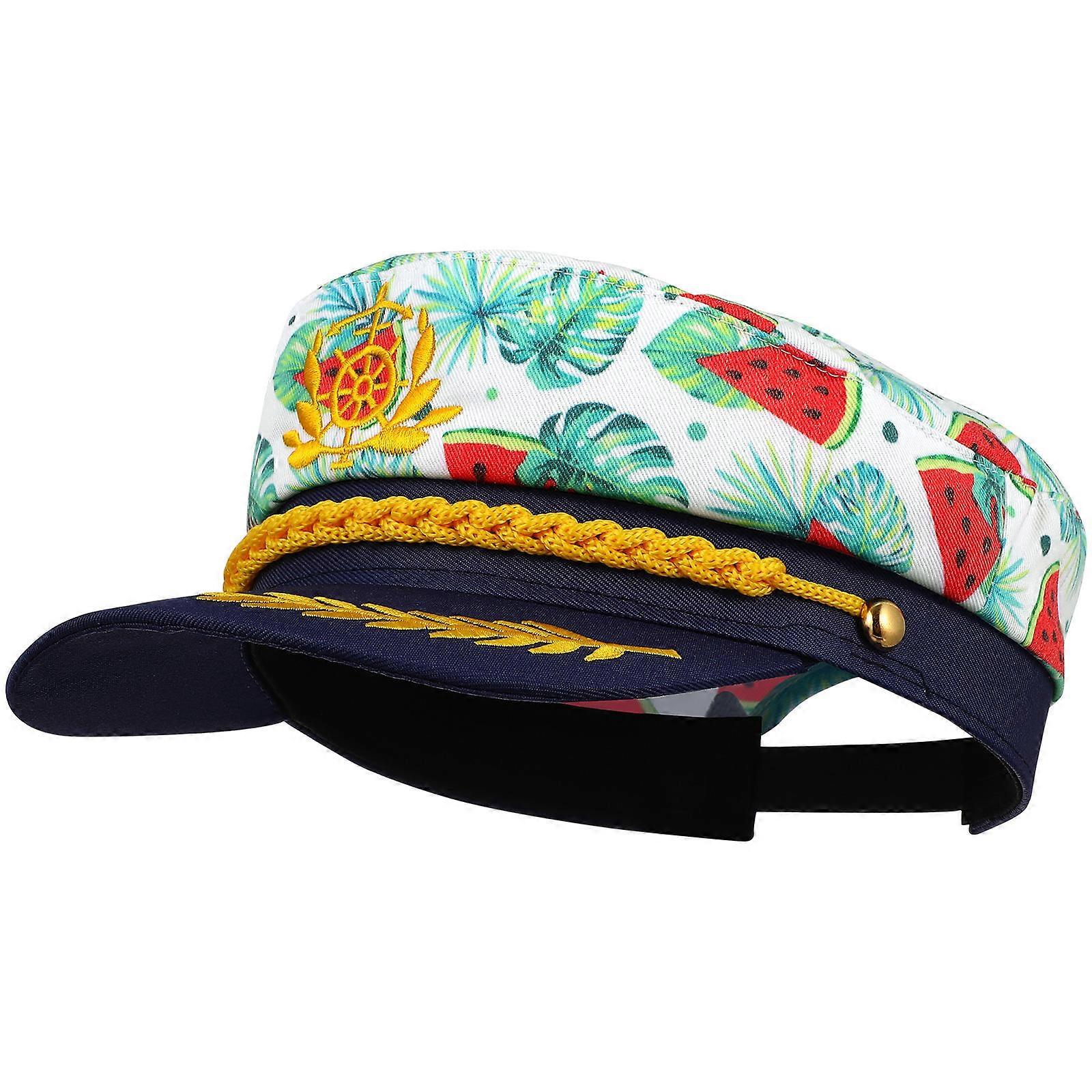 Captain Hat Embroidery Watermelon Print Navy Sailor Cap Men Women Costume Accessory Adjustable Strap Round Brim 1Set