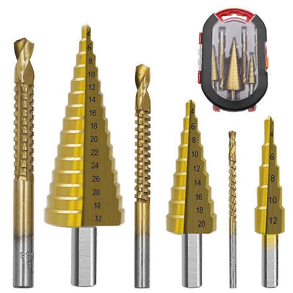 6piece titaniumcoated drill bit set with case, 3 step bits 3 serrated bits