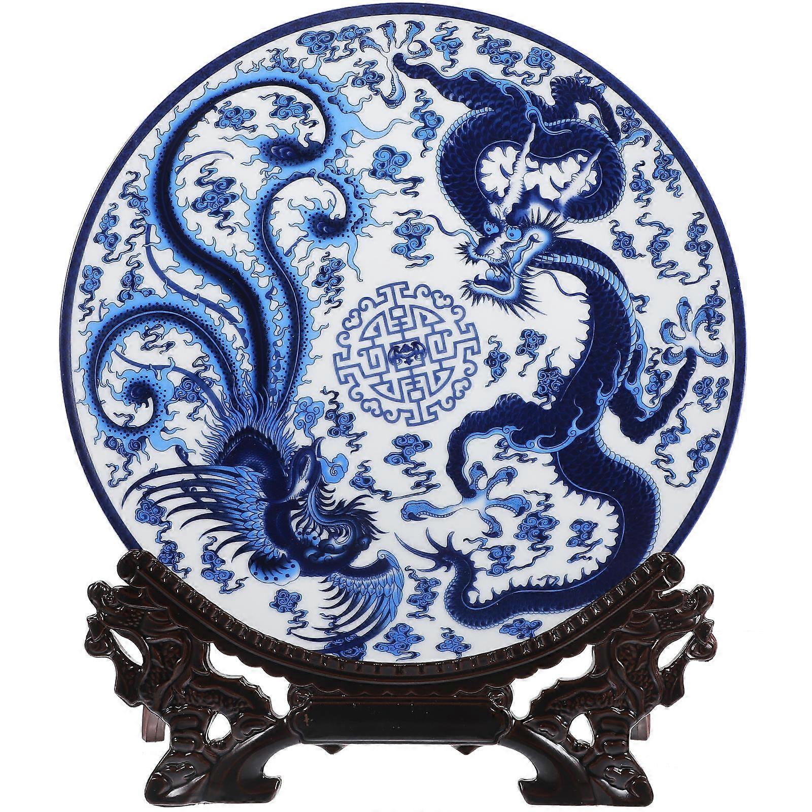 Elegant Ceramic Display Plate Set Blue and White Chinese Style Porcelain Tray with Stand for Decoration