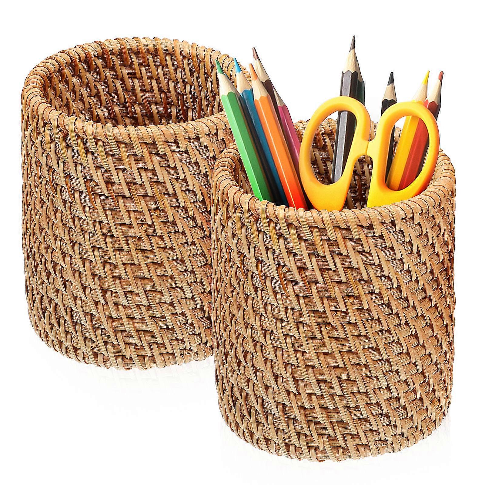 2pcs Woven Rattan Pen Holder – Rustic Large Capacity Pencil Pot for Desk Organization at Home, Office & Classroom – Handmade Craftsmanship