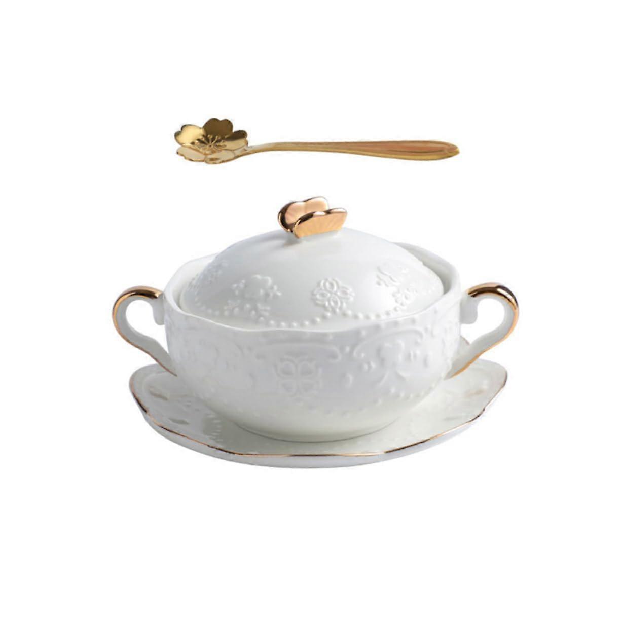 Ceramic Bowl Set with Lid and Spoon, White