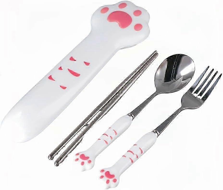 3-piece cute cat claw spoon fork chopsticks set portable tableware for outdoor camping