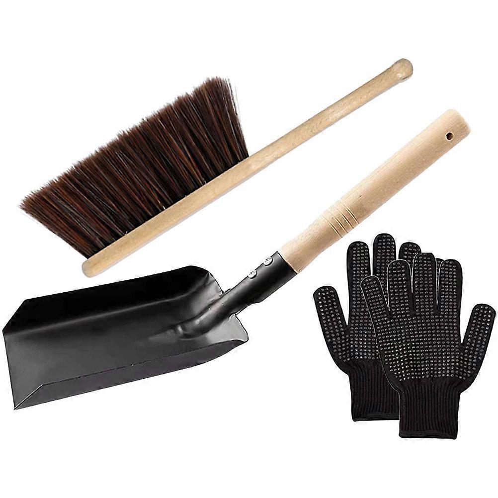 Fireplace Cleaning Brush Set with Wood Handle and Silicone Gloves for Home Use Size