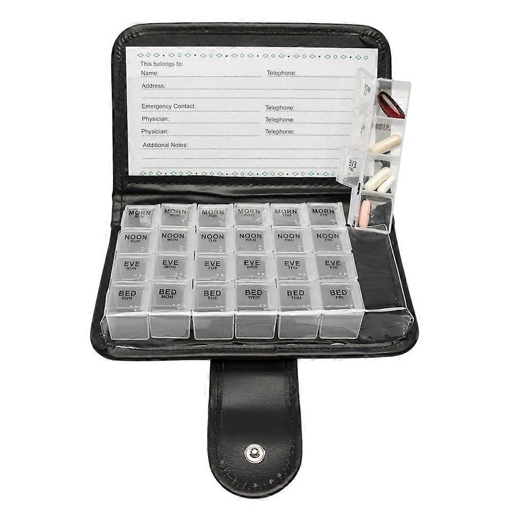 Portable 7 Day Organizer with 28 Compartments for Pill Storage Travel Case Black PU and PP