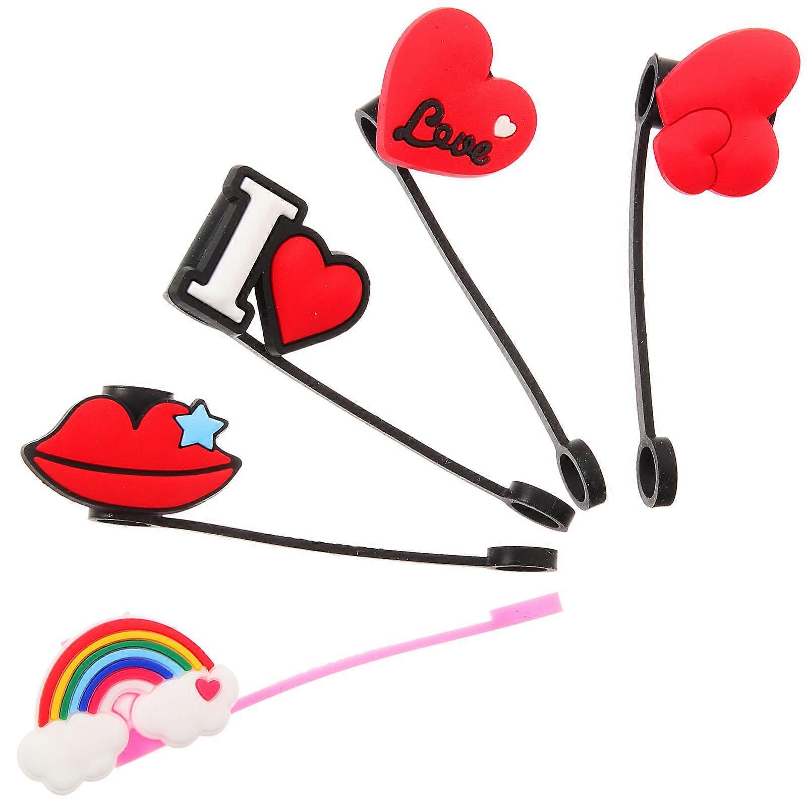 5pcs Reusable Silicone Straw Toppers for Straws Protectors with Valentine's Day Decor