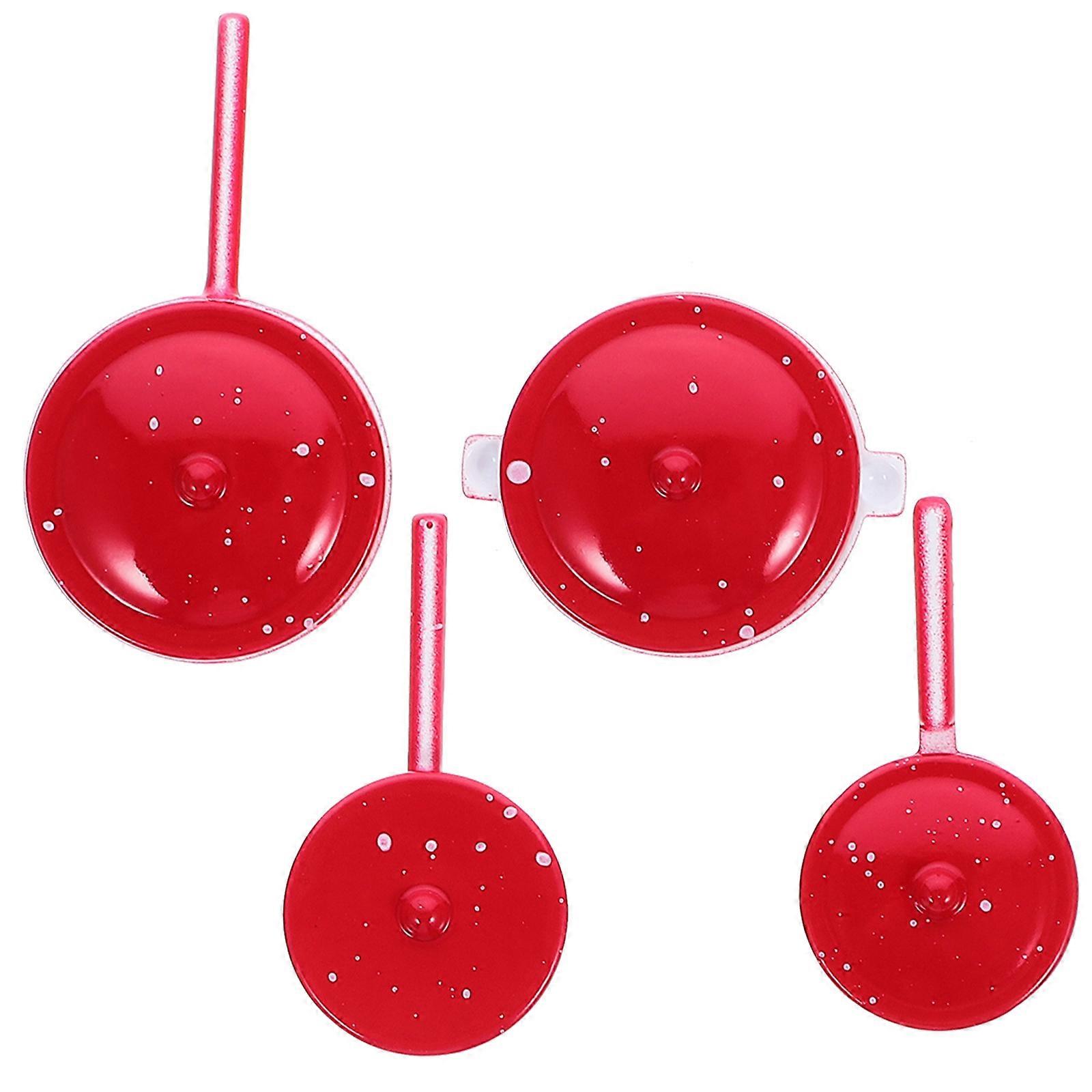 4pcs Miniature Cooking Pots Set alloy Red for Decoration Lightweight Realistic Appearance