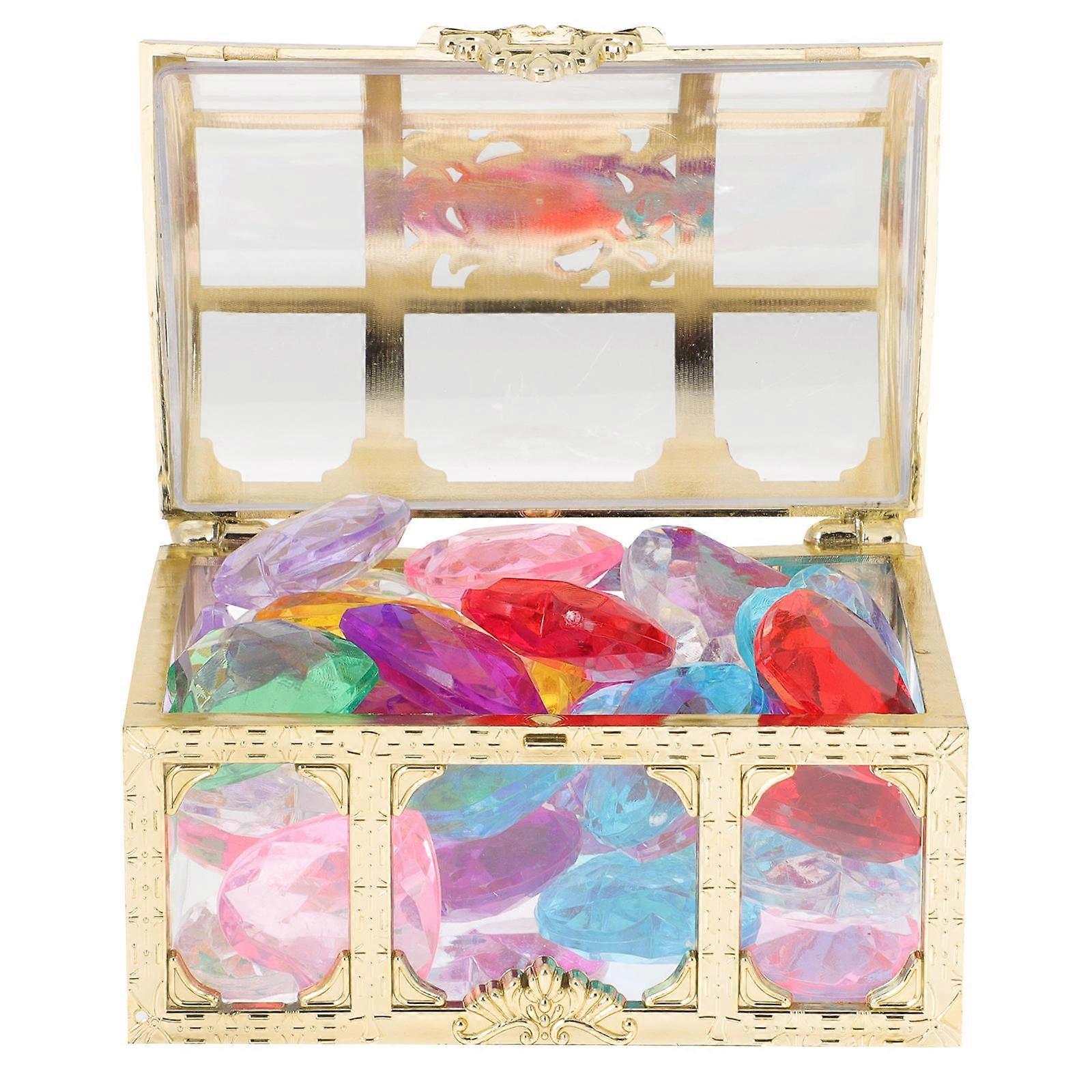 Colorful Gemstone Treasure Chest Set – Mixed Acrylic Diamond Heart Gems for Birthday Favors, Treasure Hunts, and Table Decor