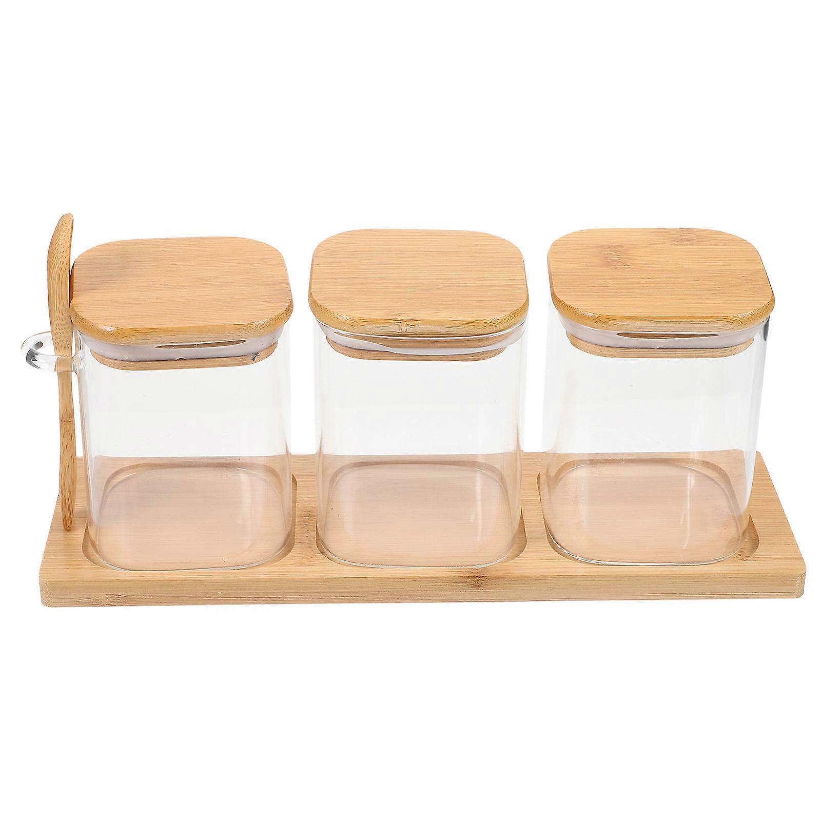 1 Set of Condiment Jar Spice Container with Lid Spoon and Wooden Tray for Seasoning Pot
