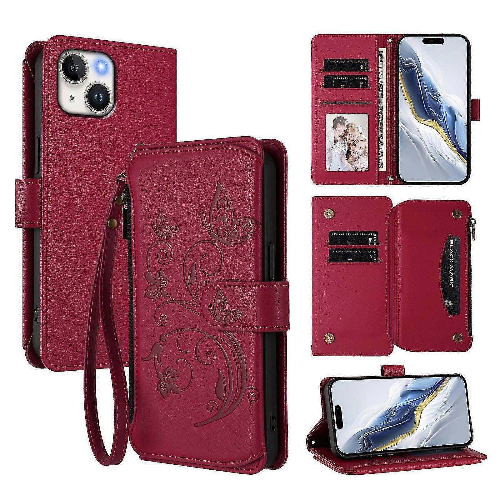 Wallet Flip Phone Cover for iPhone 15 Embroidered Butterfly 5 Card...