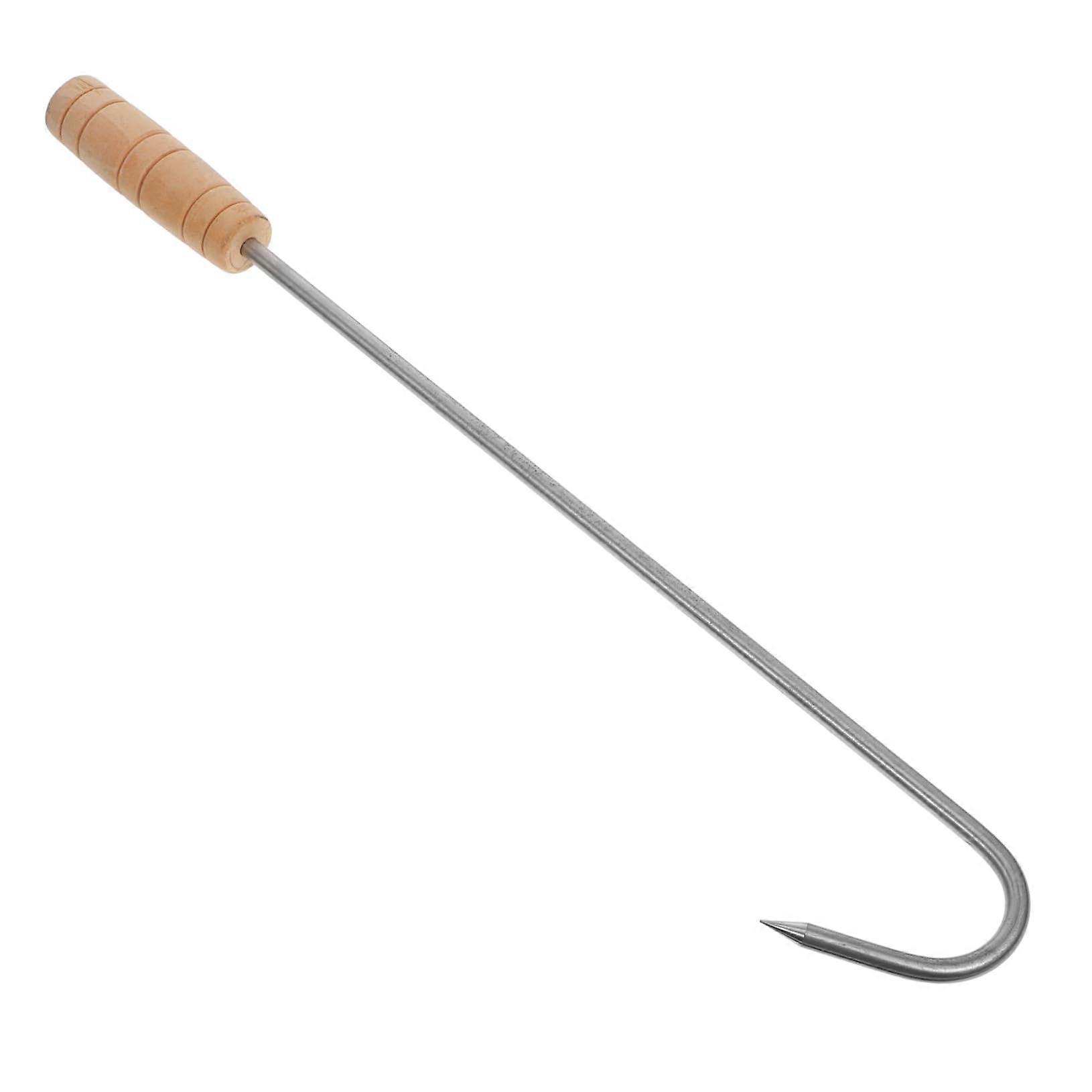 BBQ Grill Rack Skewer Tool with Wooden Handle, Multi-Use Meat Hooks for Outdoor Cooking and Grilling Meat
