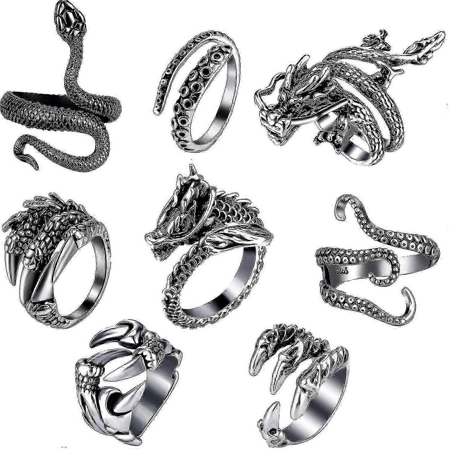8 Pieces Vintage Punk Rings Octopus Dragon Snake Adjustable Ring