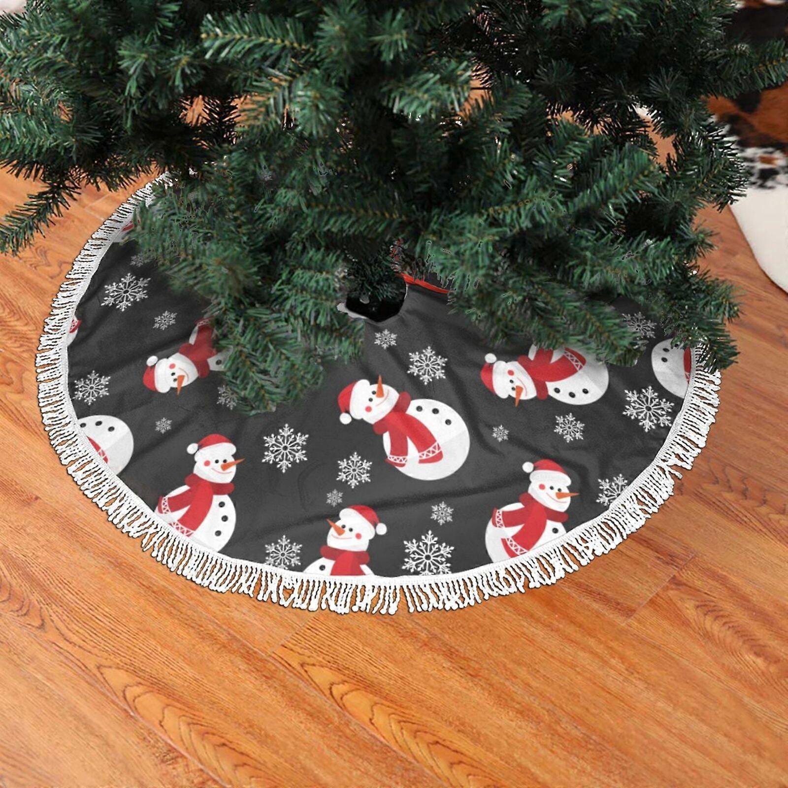 Christmas Fringed Lace Tree Skirt, Snowman Playing In Red Background Soft, Light, Good Touch Tree Skirt 48"