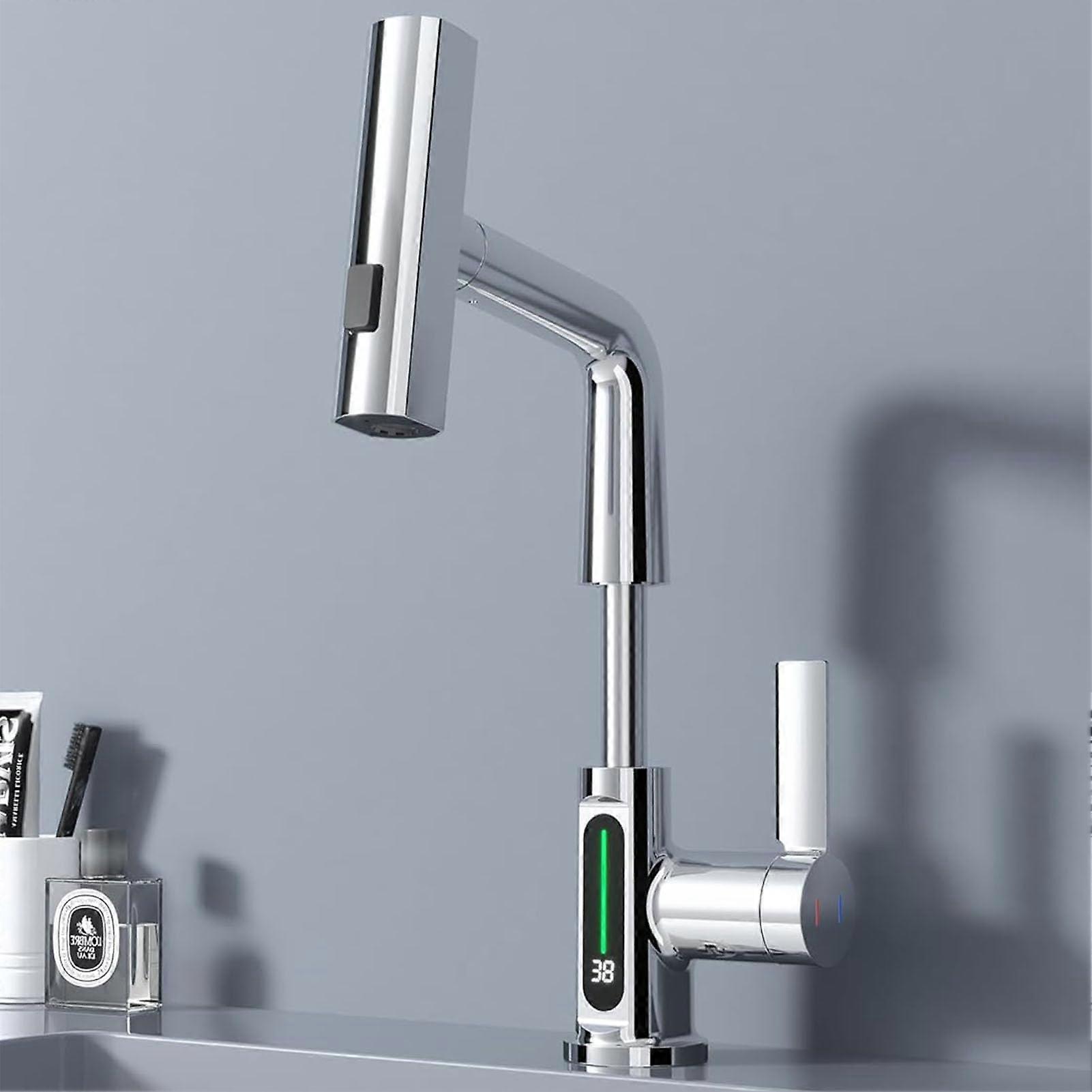 LED Bathroom Faucet PullOut Sprayer, Temperature Display, Black Finish, Liftable Waterfall Basin, SingleHandle Tap