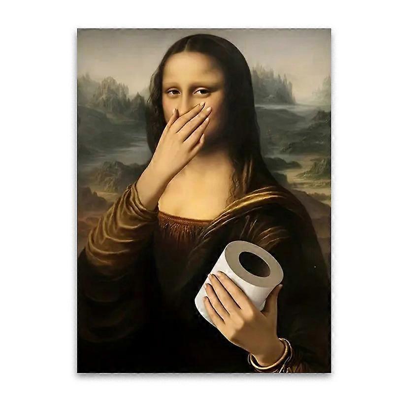 Humoristisk canvasaffisch med badrumsmotiv, klassisk retro Mona Lisa handhållen toalettpapperscanvasväggkonst, för vardagsrumsinredning