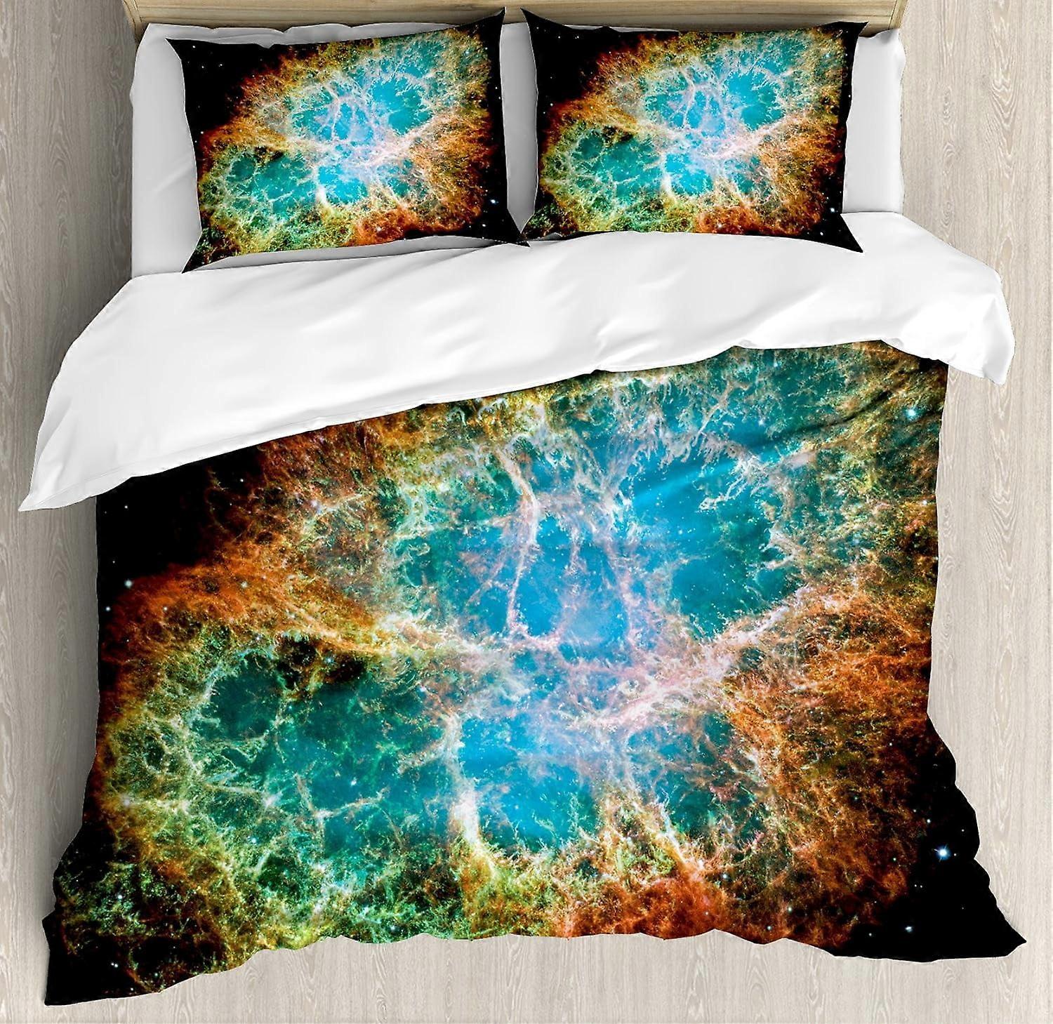Outer Space Duvet Cover Set, Crab Nebula Print, 3PC Bedding with 2 Pillowcases, Black Teal – compatible with standard beds