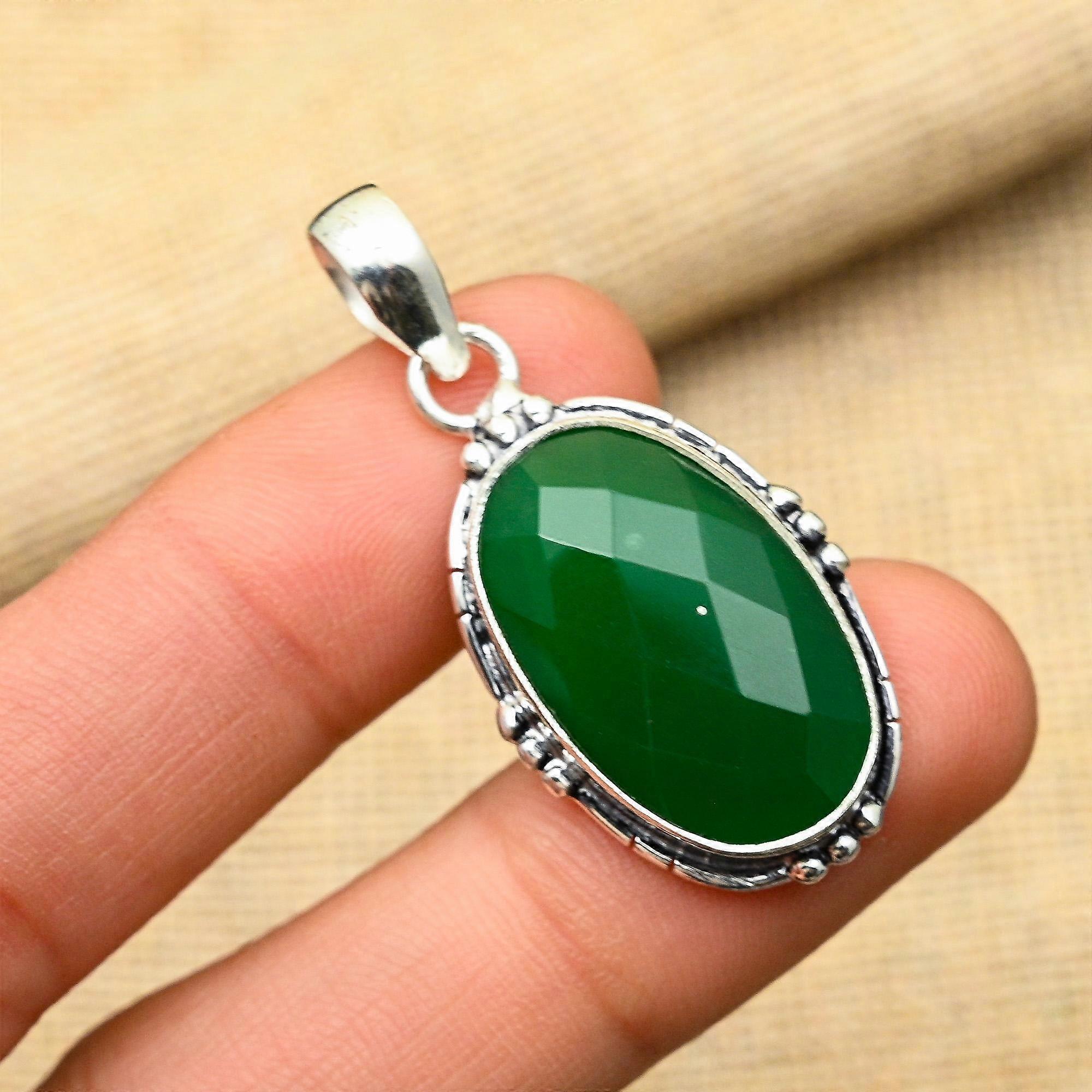 Pendentif en argent massif 925 et pierre précieuse d'onyx vert, fait main, pour femme
