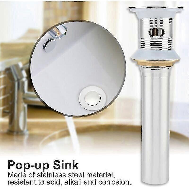 Sink Drain, G1 1/4 Chrome Stainless Steel Bathroom Sink Pop-up Drain Set with Overflow,