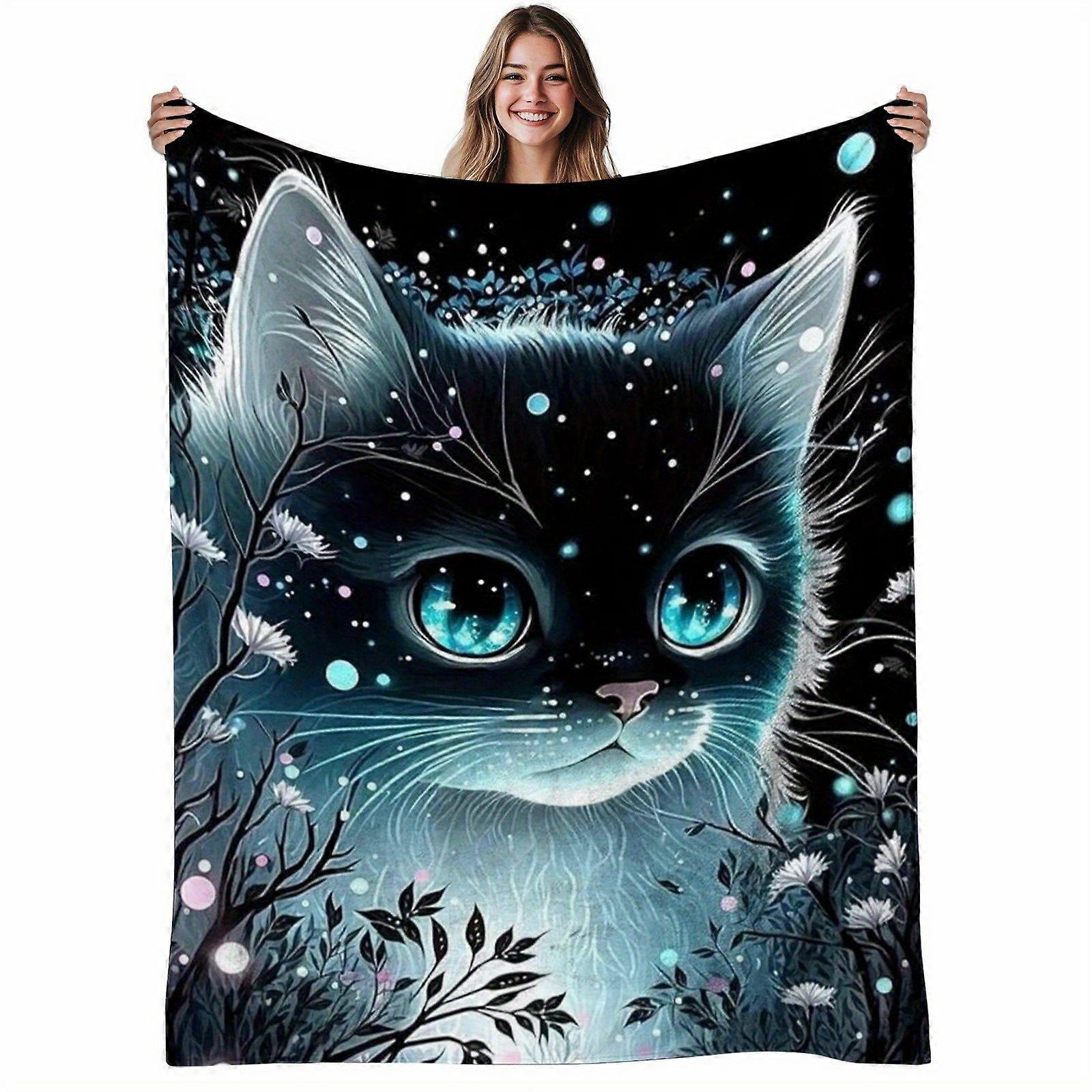 1pc Cat Flannel Blanket | Soft, Warm, Fantasy Night Forest Design, Polyester, 280gsm, All-Season Use, Ideal for Sofa, Be-qacvbg282