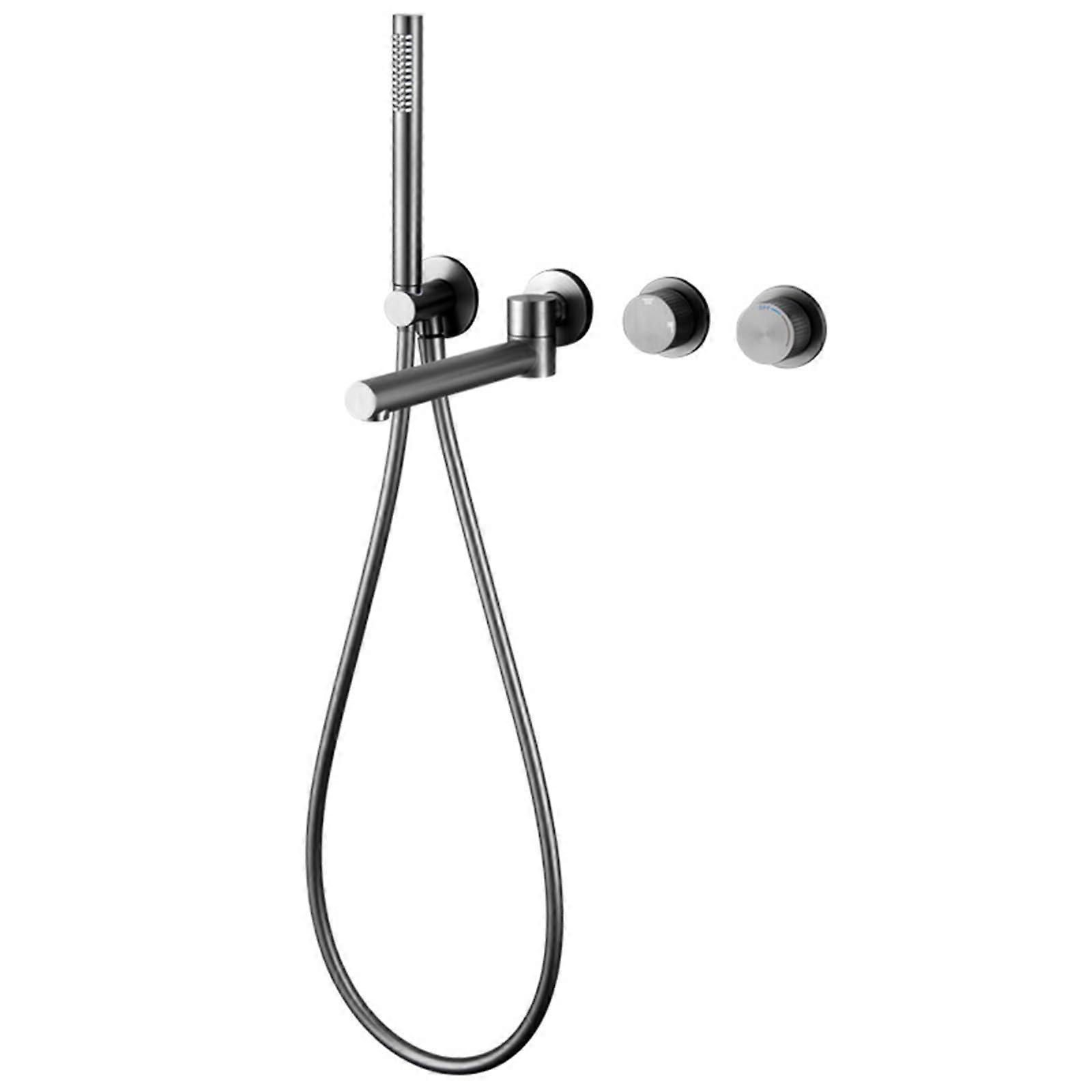 Wall Mounted Brass Bath Mixer Tap with Hand Shower, Dual Handle, 180° Rotation, Grey