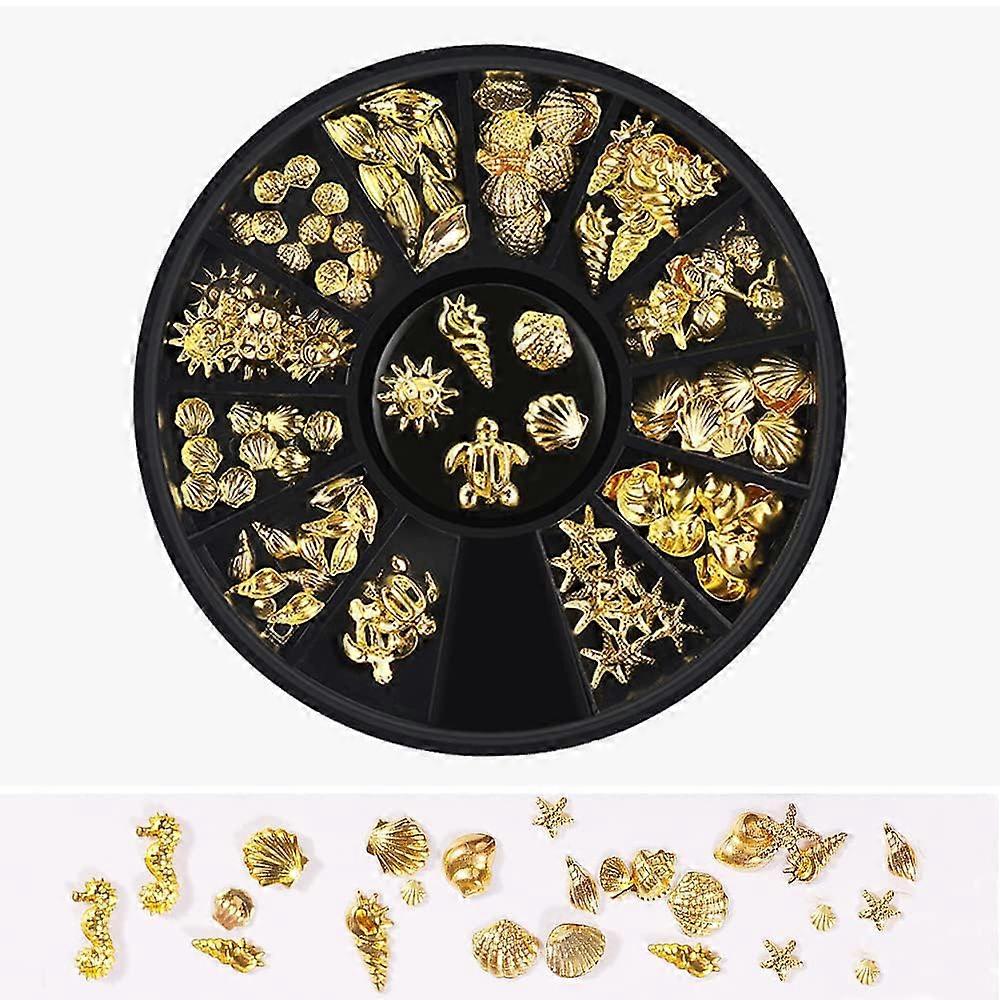 Gold Ocean Nail Art Studs 12 Styles 3D Palm Tree Turtle Metallic Charms for Summer Beach Manicure