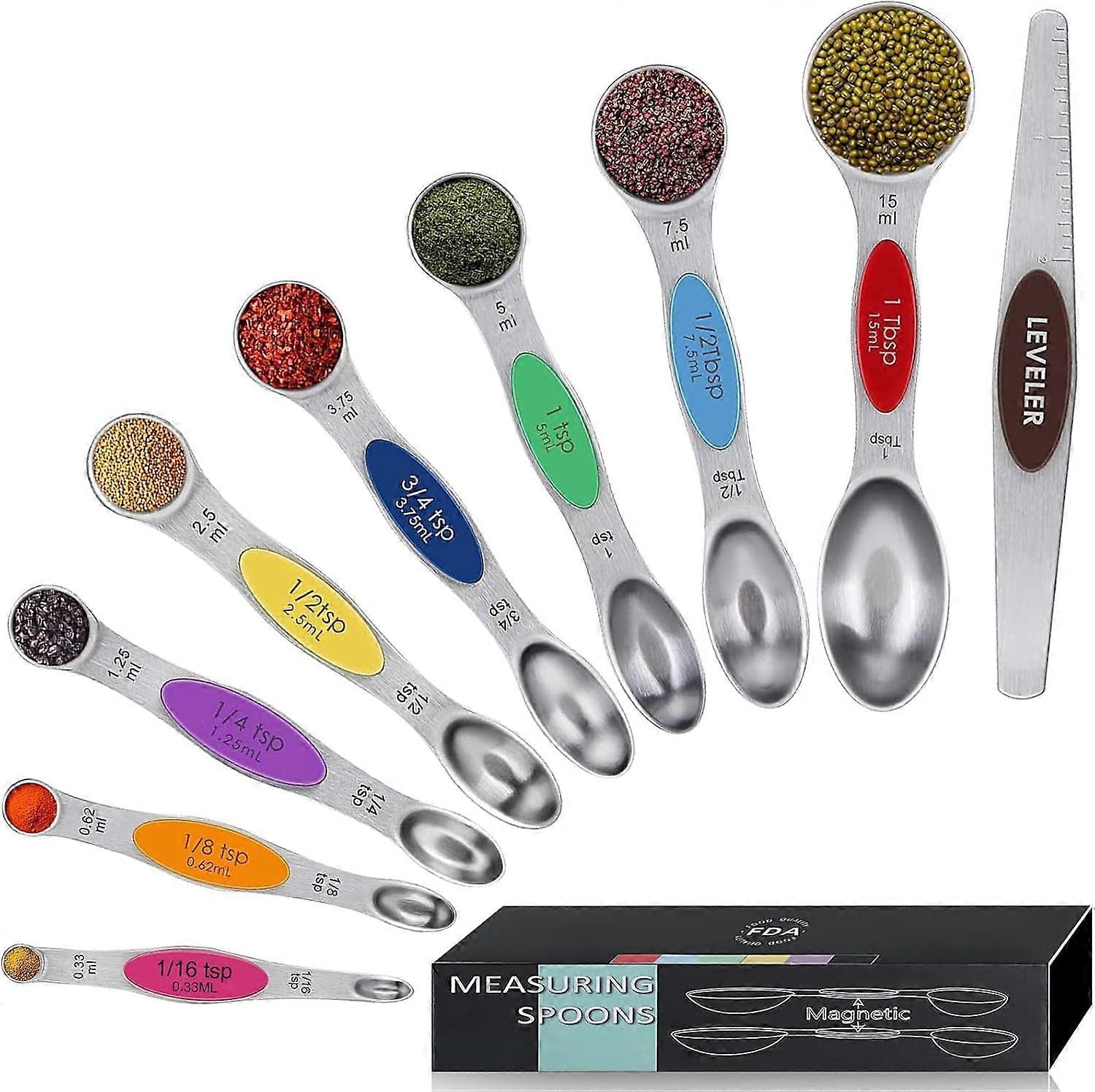 Magnetic Measuring Spoons Set Stainless Steel Dual Sided Color Coded with Leveler for Dry and Liquid