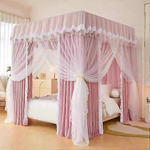 Pink Princess Bed Canopy Queen Size Mosquito Net with Ruffle Double Layer 3 Openings