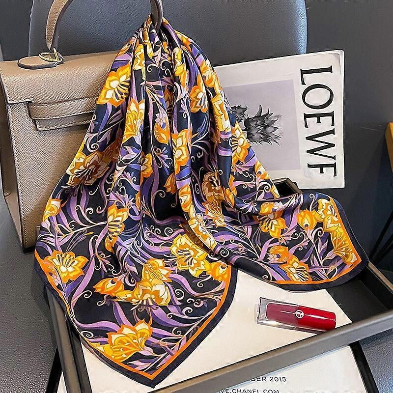 100% Silk 26" Square Scarf Women Neckerchief Vintage Black Purple Yellow Flower