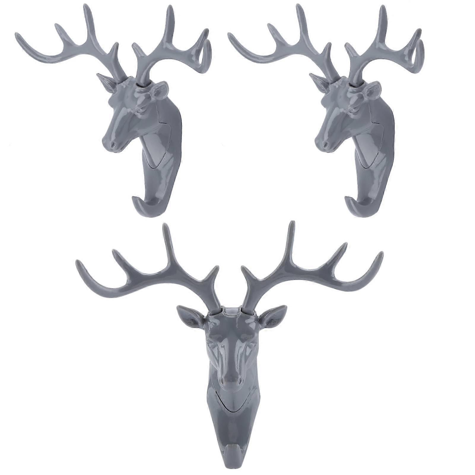 Deer Head Wall Hook Set, Rustic Resin Antler Coat Hooks for Keys and Home Storage, Gray