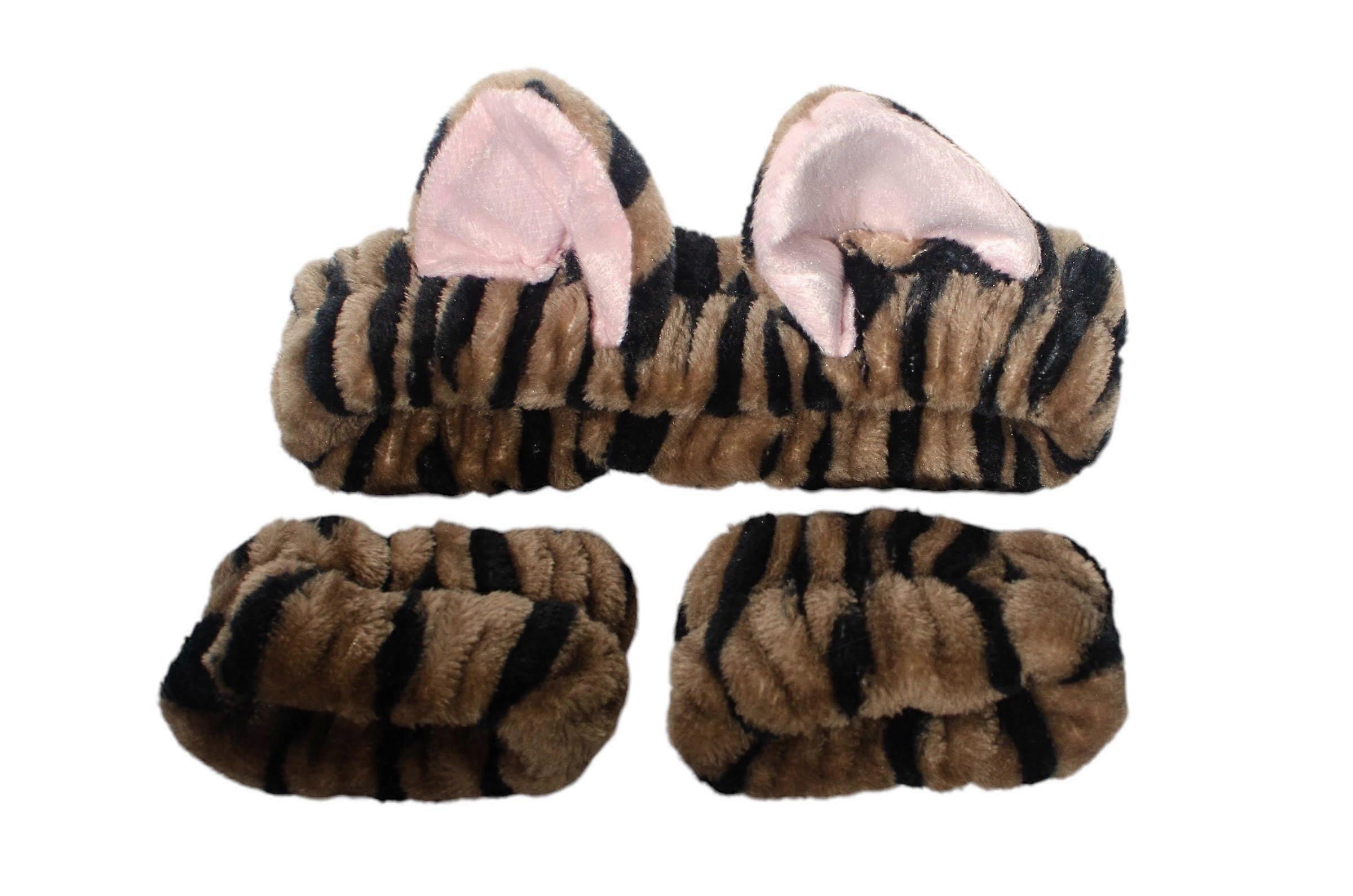 3 Pack Brown Cat Ears Spa Headband for Washing Face, Soft Plush One Size Adjustable Design