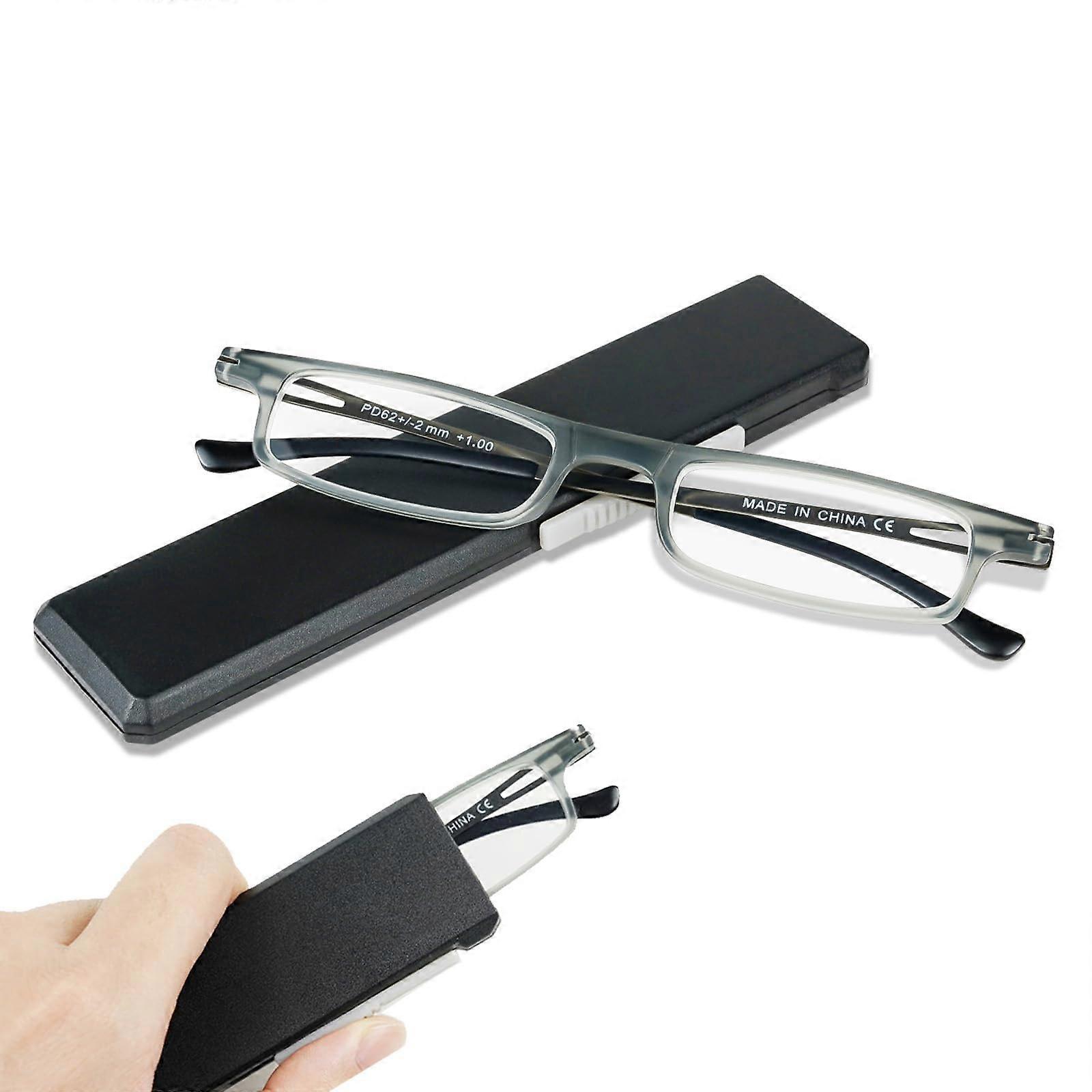 Blue Light Blocking Foldable Reading Glasses TR90 Slim Compact with Retractable Case Grey +3.5
