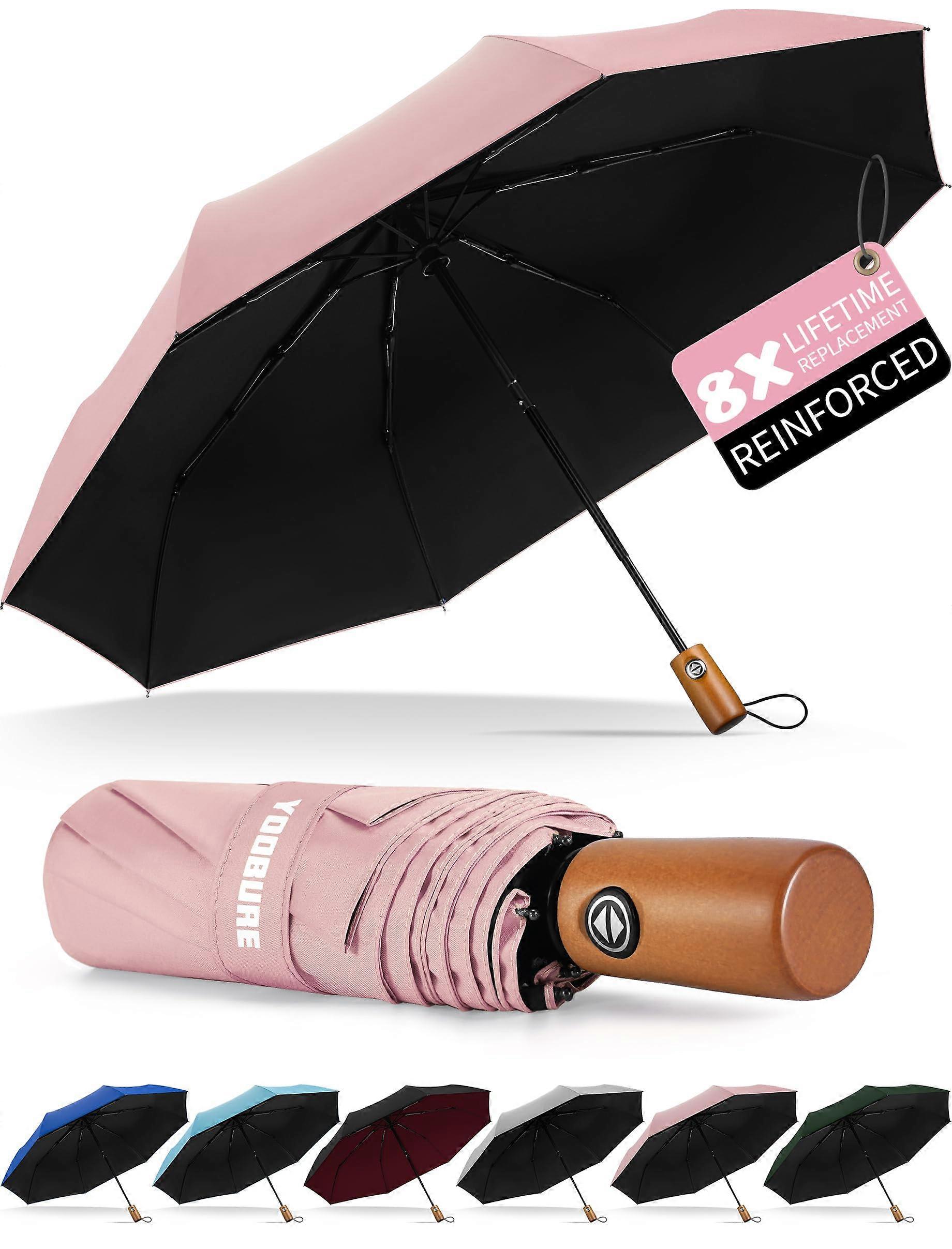 Windproof Travel Umbrella with Wood Handle, Automatic Open Large Canopy, Compact and Lightweight