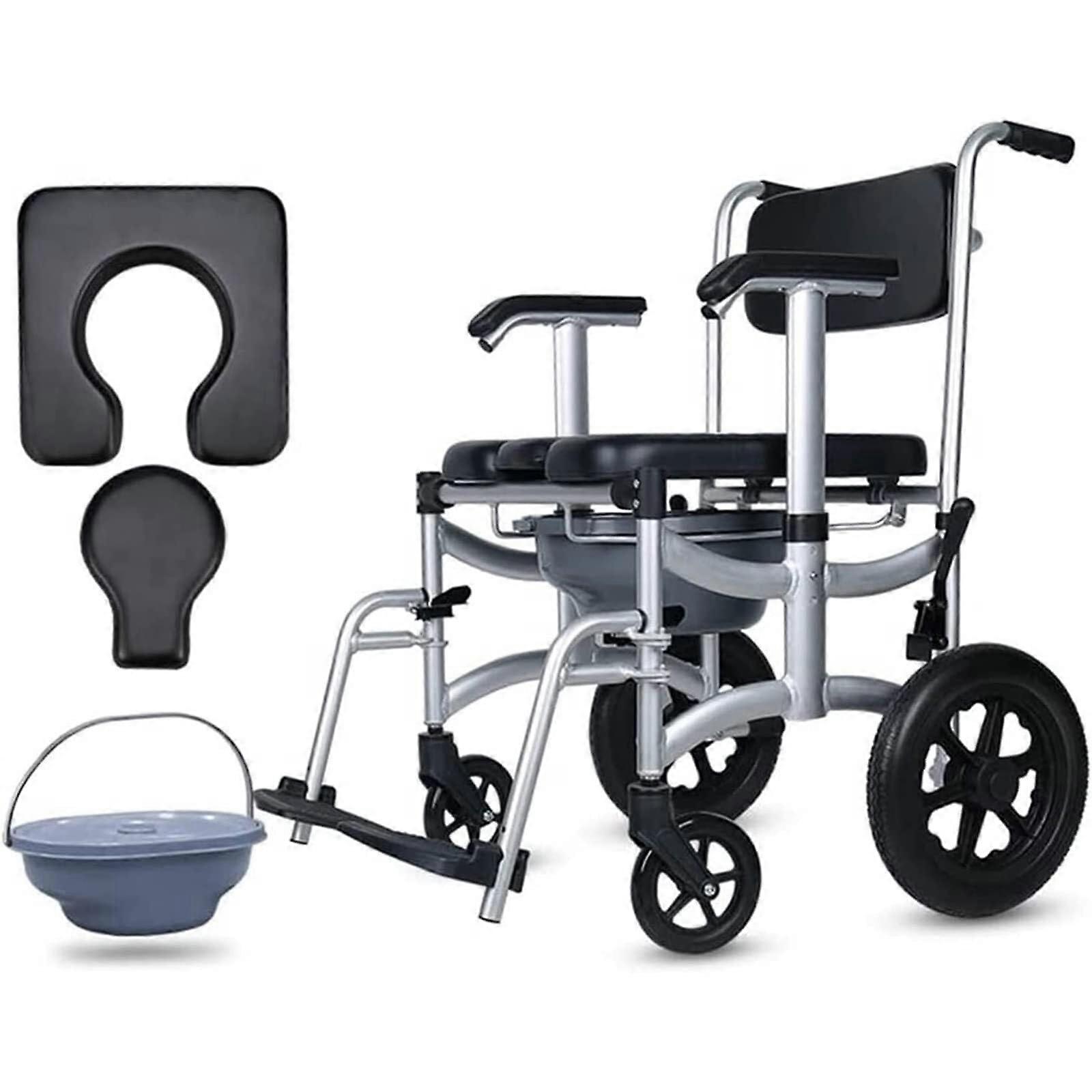 Rolling Shower Commode Chair with Locking Casters, 4 in 1 Foldable Bathroom Wheelchair with Removable Bucket