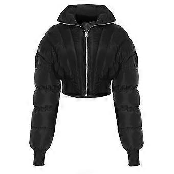 Women Winter Warm Cropped Quilted Puffer Jackets Padded Full Zip Lapel Collar Elastic Waist Corsets Slim Outerwear Coat brown XL