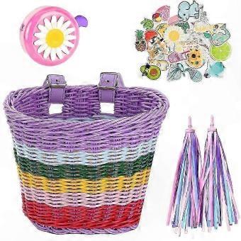 Panier de vélo ajustable avec clochette et pompons, accessoire de porte-bagages de guidon tissé à la main