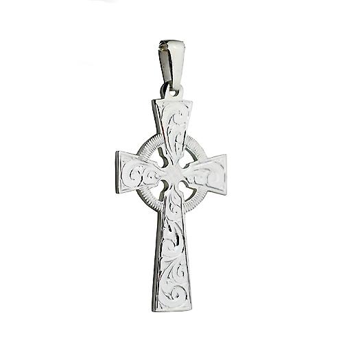 Silver 44x26mm hand engraved Celtic Cross with bail