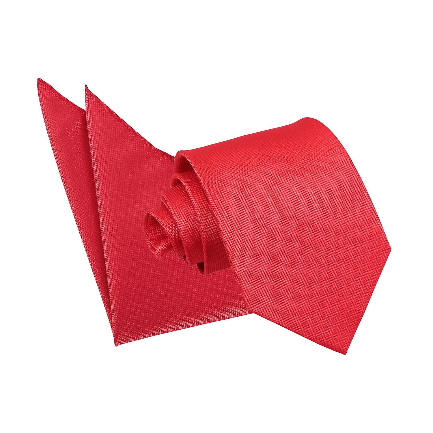 Red Solid Check Tie and Pocket Square Set