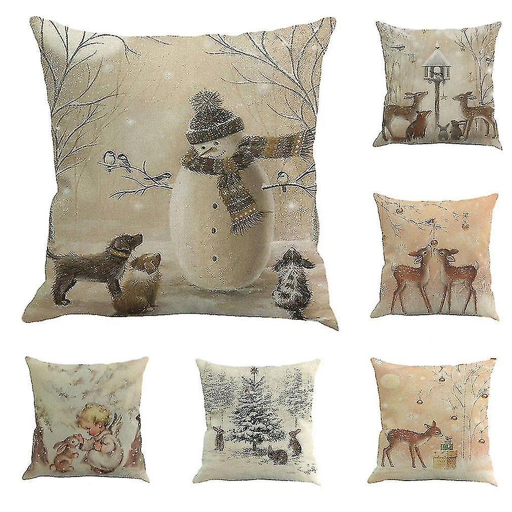 6pcs Christmas Deer Snowman Pattern Pillow Case Square Cotton Linen Cushion Cover For Car 45x45cm